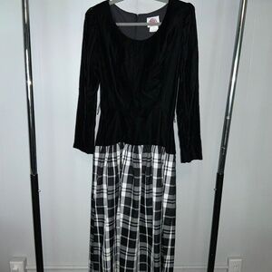 Lanz dress Sz 8 velvet top plaid taffeta skirt belt loops Vintage made in US